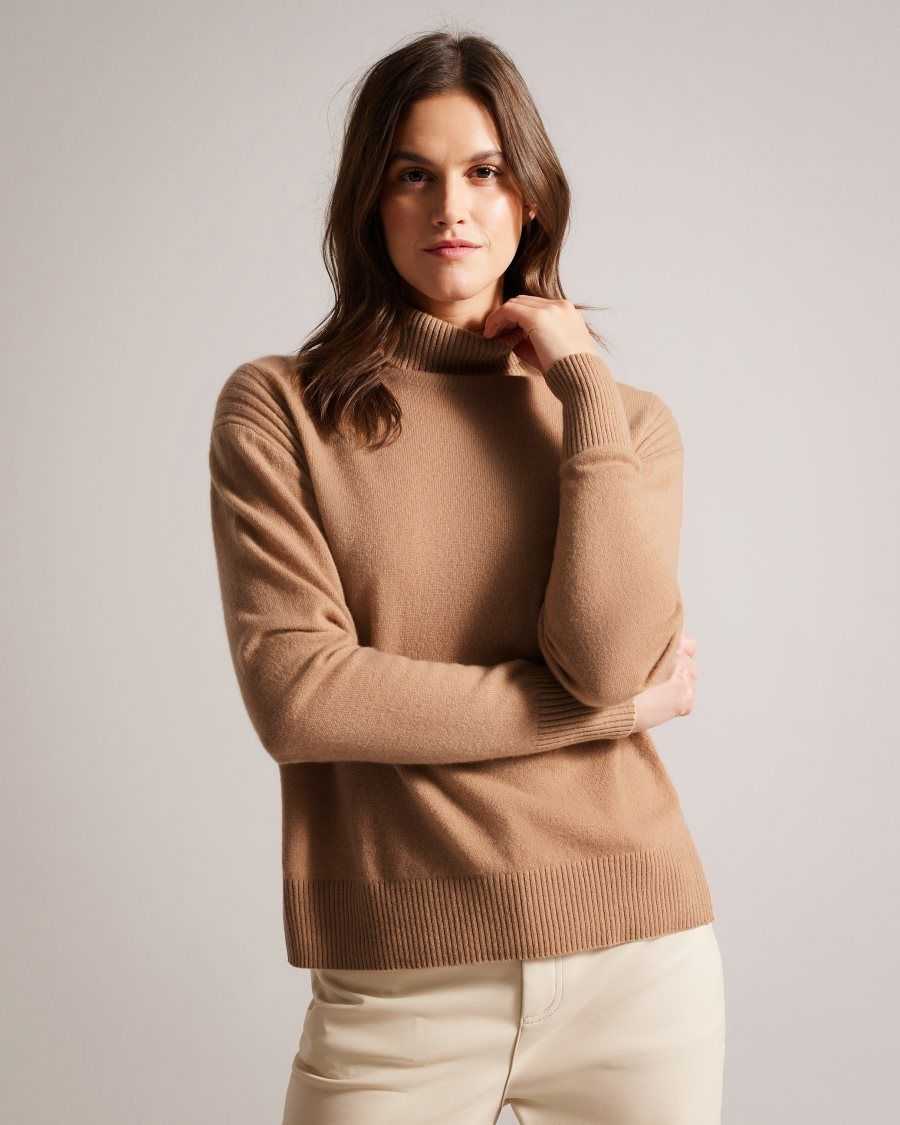 Ted Baker Ruthell Organic Cashmere Roll Neck Jumper Camel | 52063-WEAN