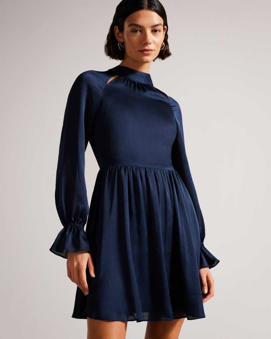 Ted Baker Ryaa High Neck Fit And Flare Mini Dress Dark Blue | 35817-GNSR