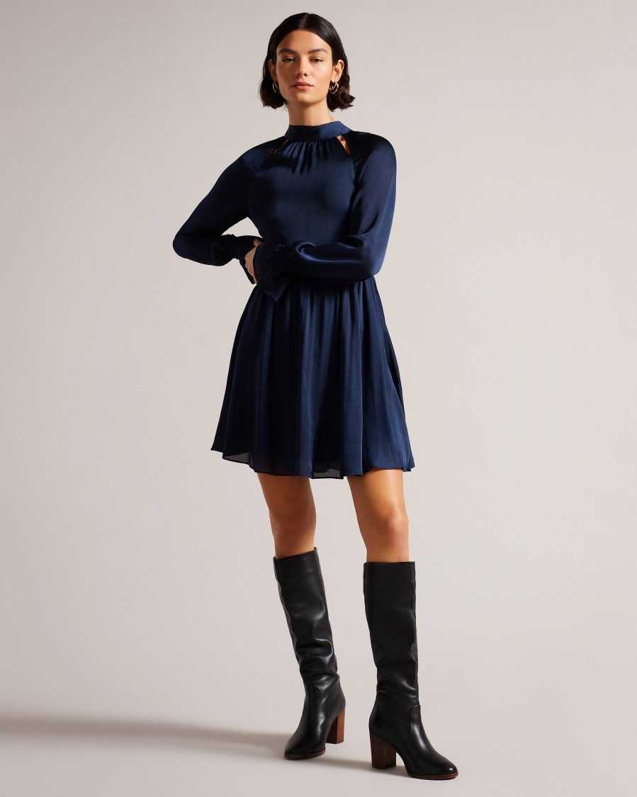 Ted Baker Ryaa High Neck Fit And Flare Mini Dress Dark Blue | 35817-GNSR