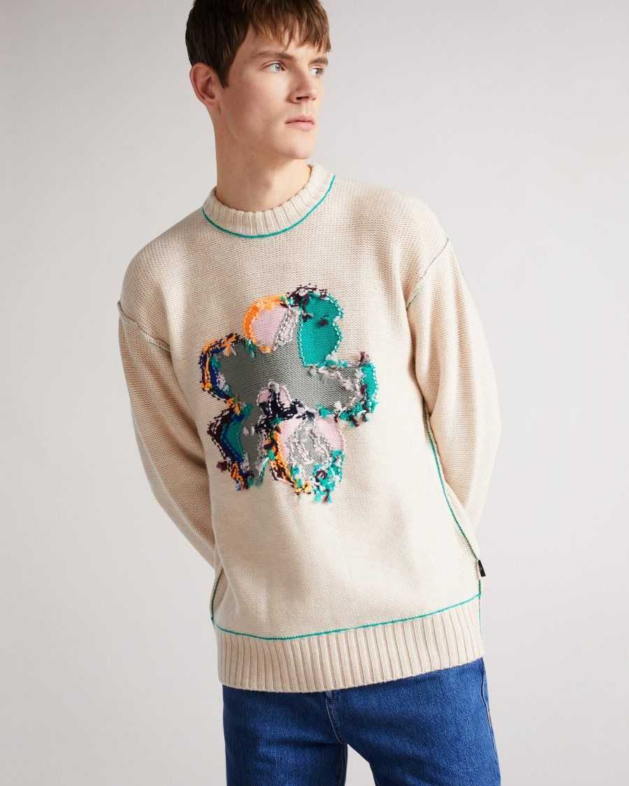 Ted Baker Saltair Long Sleeve Flower Graphic Crew Neck Tee Natural | 04681-JXMD