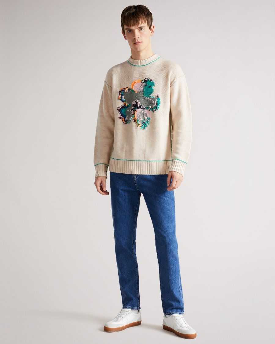 Ted Baker Saltair Long Sleeve Flower Graphic Crew Neck Tee Natural | 04681-JXMD