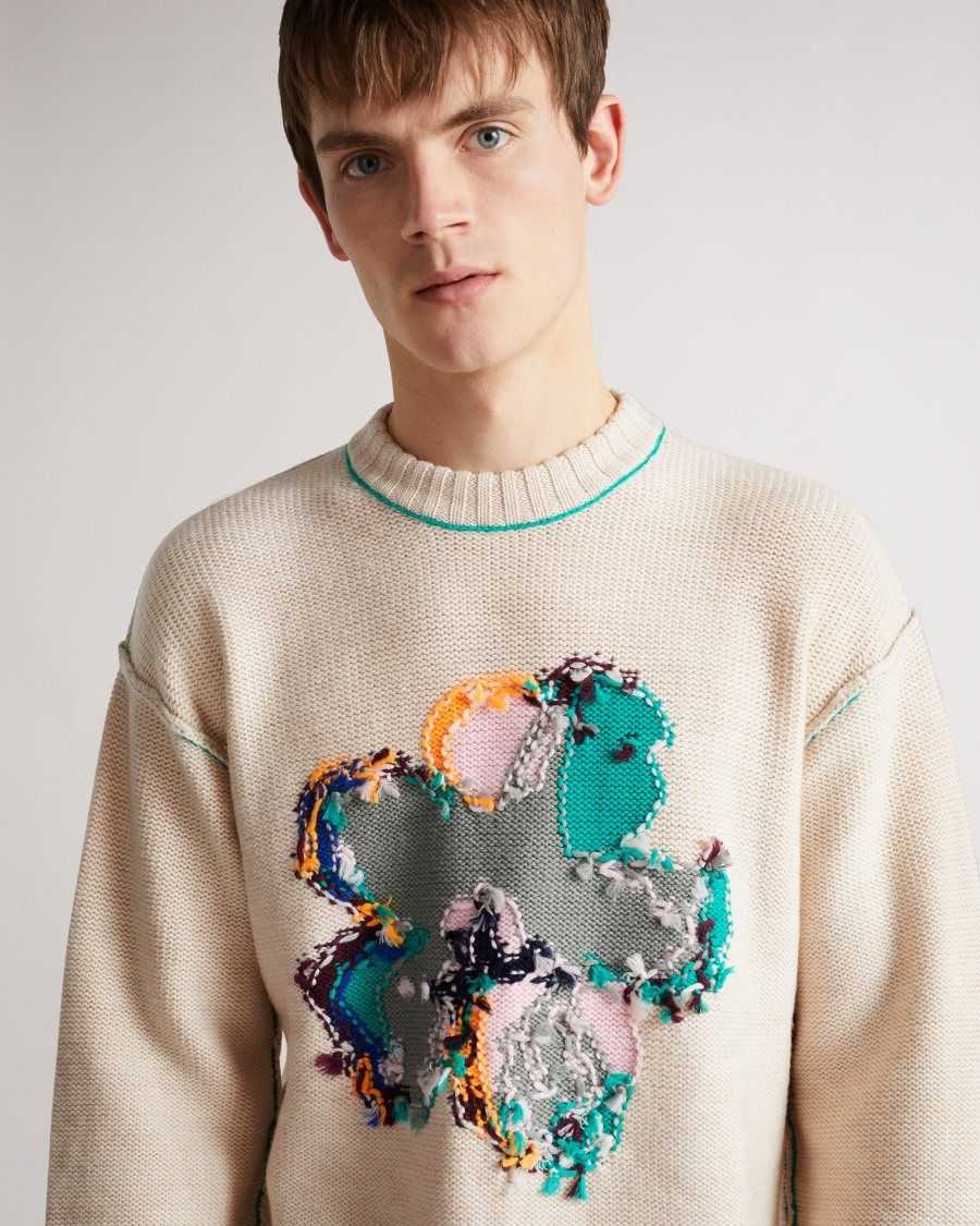 Ted Baker Saltair Long Sleeve Flower Graphic Crew Neck Tee Natural | 04681-JXMD