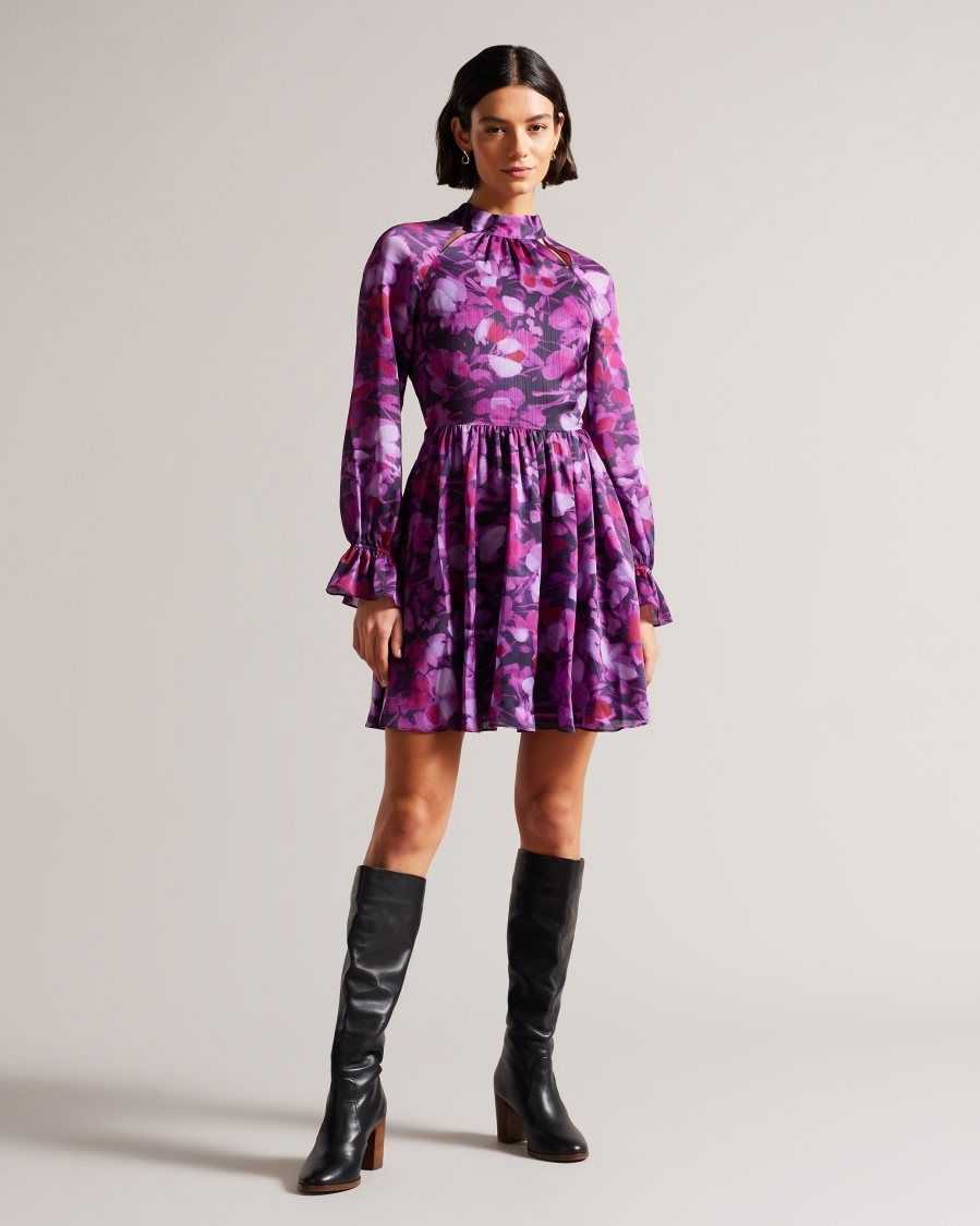 Ted Baker Sammieh High Neck Fit And Flare Mini Dress Purple | 93705-XOTS