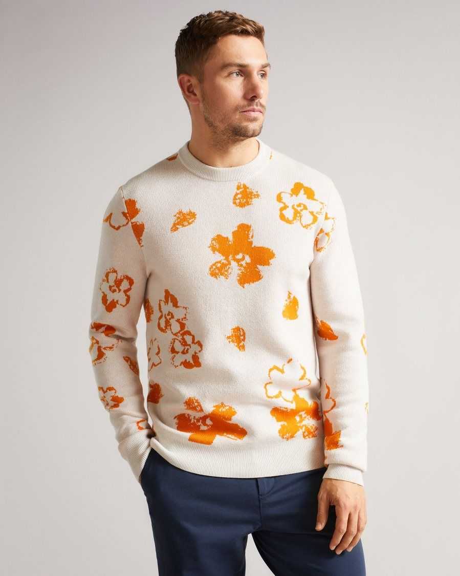 Ted Baker Sandsen Long Sleeve Flower Graphic Crew Neck Tee Natural | 82956-DAFI