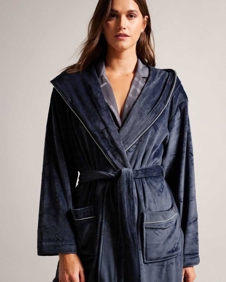 Ted Baker Slepsal Long Plush Hooded Dressing Gown Navy | 91235-QWJZ