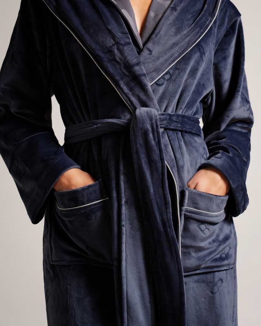 Ted Baker Slepsal Long Plush Hooded Dressing Gown Navy | 91235-QWJZ