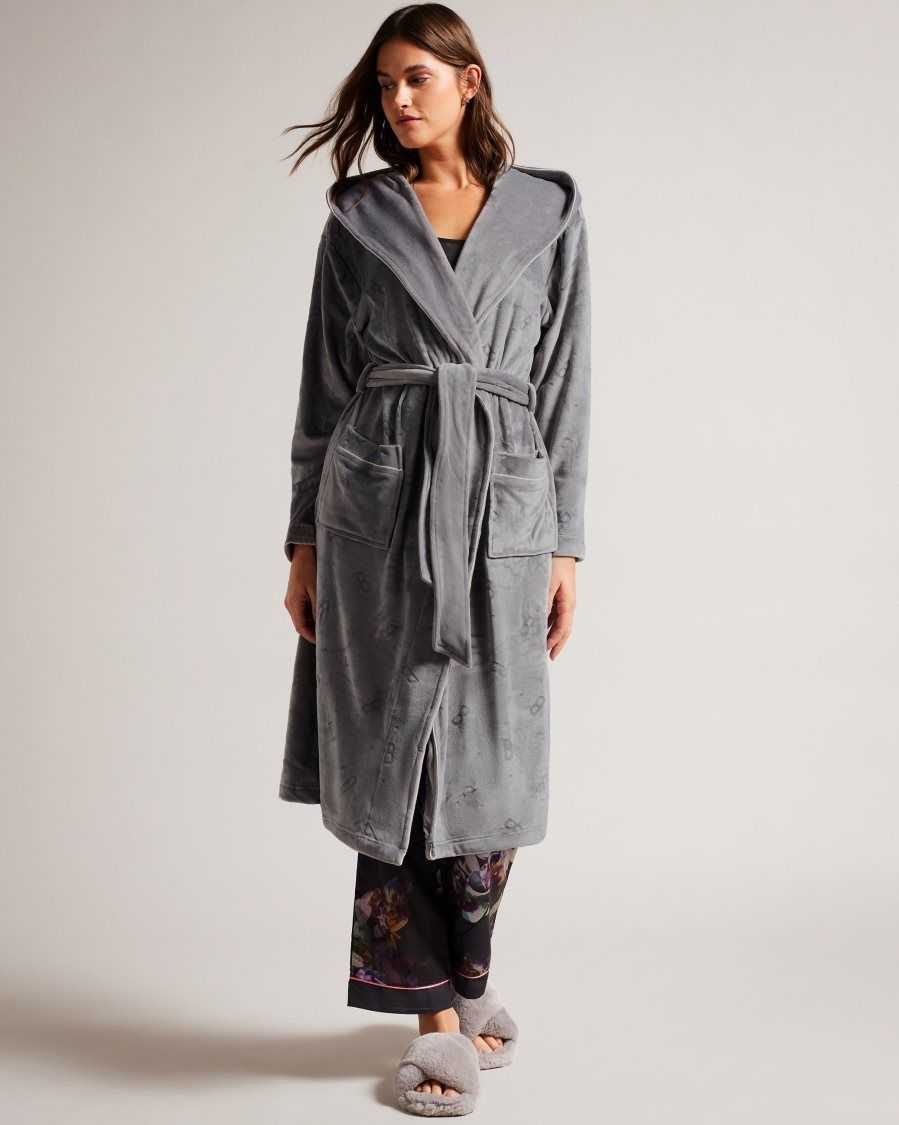 Ted Baker Slepsil Long Plush Hooded Dressing Gown Dark Grey | 07948-CJQN