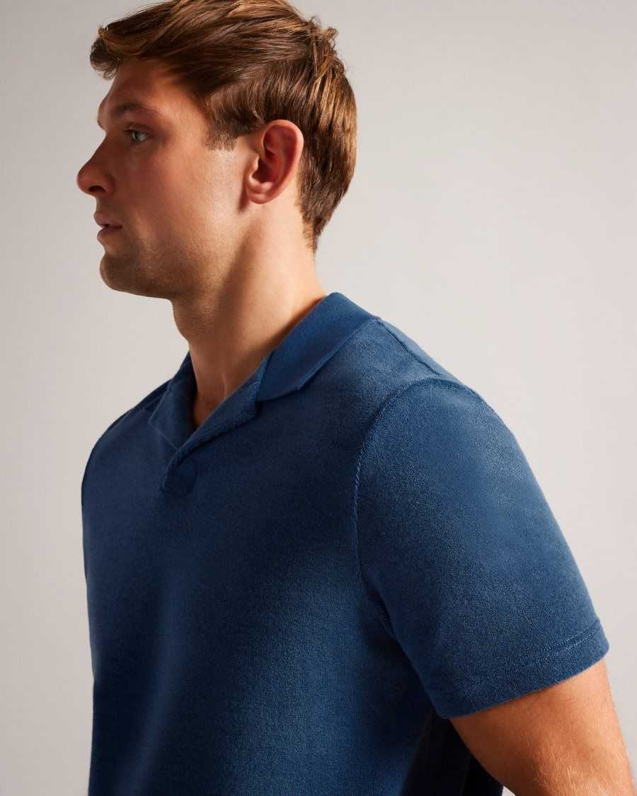 Ted Baker Sndbank Towelling Revere Collar Polo Shirt Dark Blue | 83405-DHZR