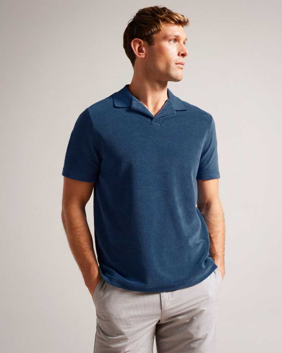 Ted Baker Sndbank Towelling Revere Collar Polo Shirt Dark Blue | 83405-DHZR