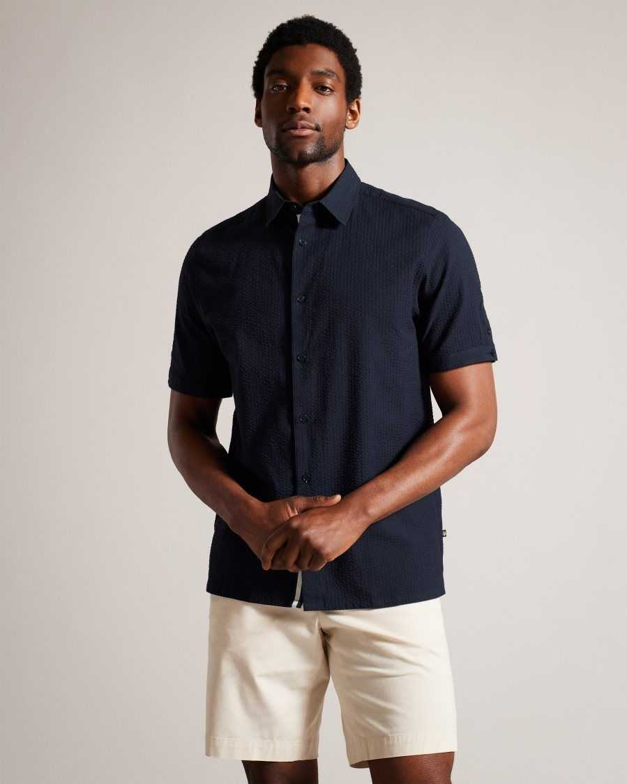 Ted Baker Stansho Short Sleeve Seersucker Shirt Navy | 29870-TVIL