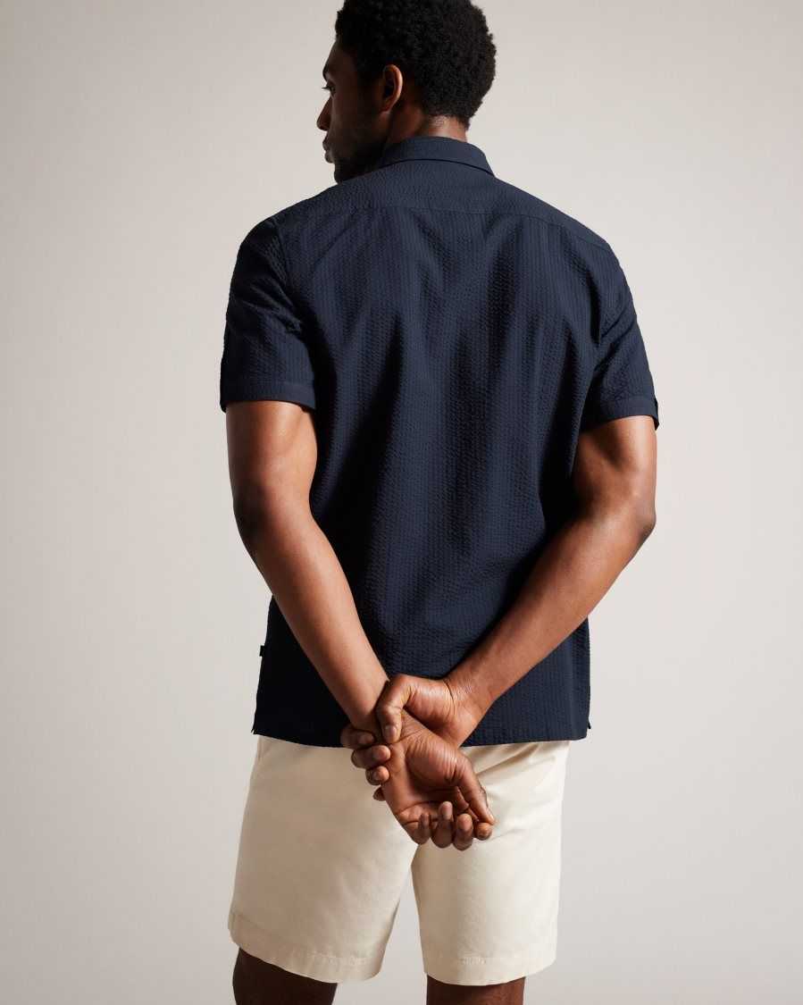 Ted Baker Stansho Short Sleeve Seersucker Shirt Navy | 29870-TVIL