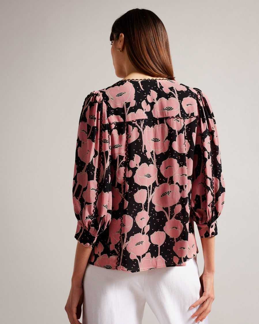 Ted Baker Stephii V Neck Poppy Print Blouse Black | 56928-LZIA