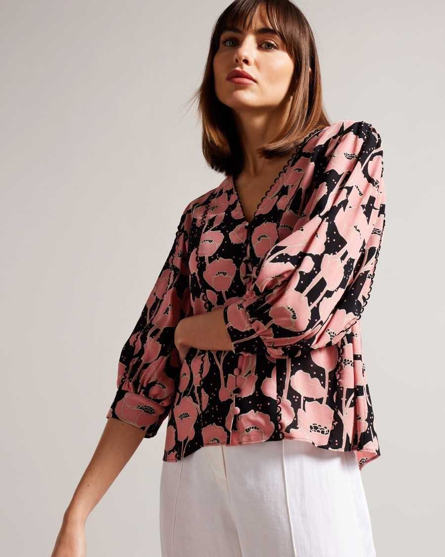 Ted Baker Stephii V Neck Poppy Print Blouse Black | 56928-LZIA