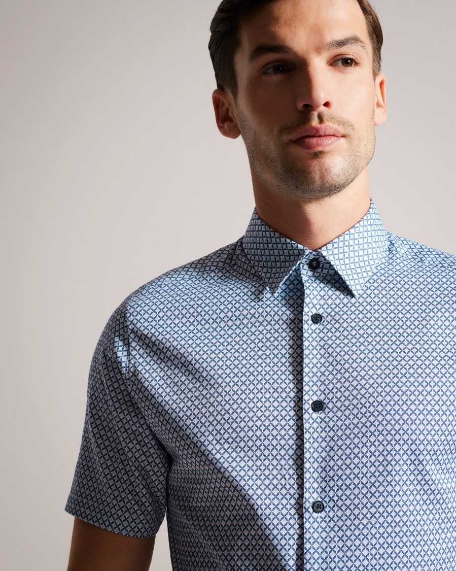 Ted Baker Strisho Short Sleeve Geometric Print Shirt Dark Blue | 53017-QRBK