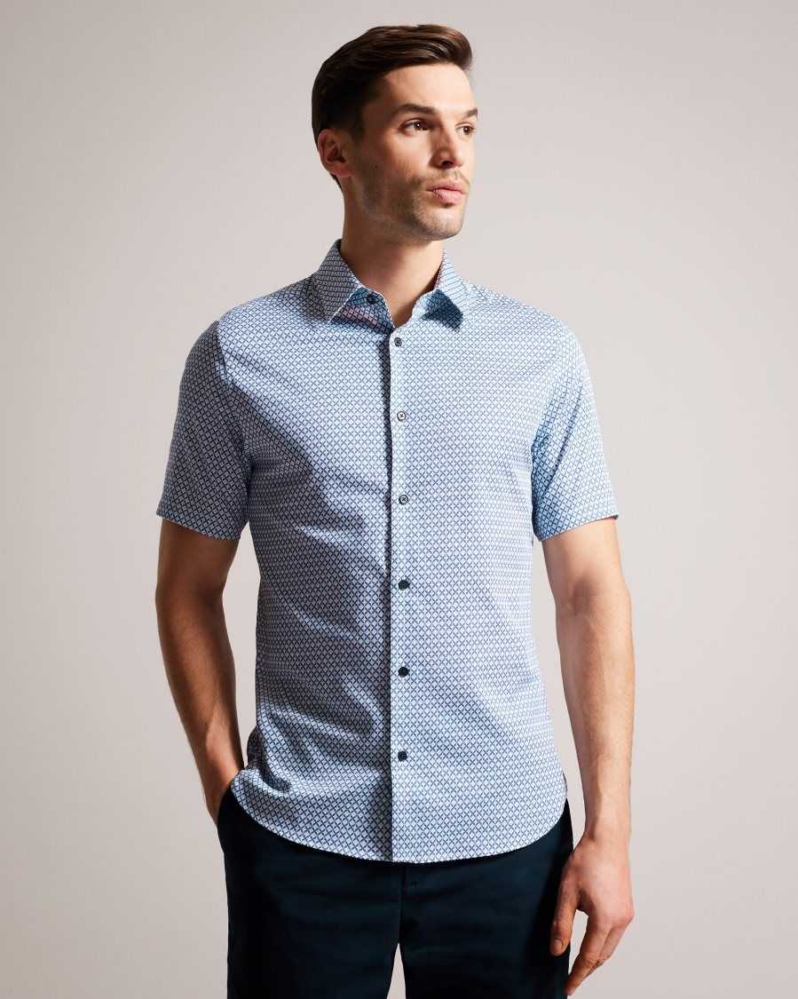 Ted Baker Strisho Short Sleeve Geometric Print Shirt Dark Blue | 53017-QRBK