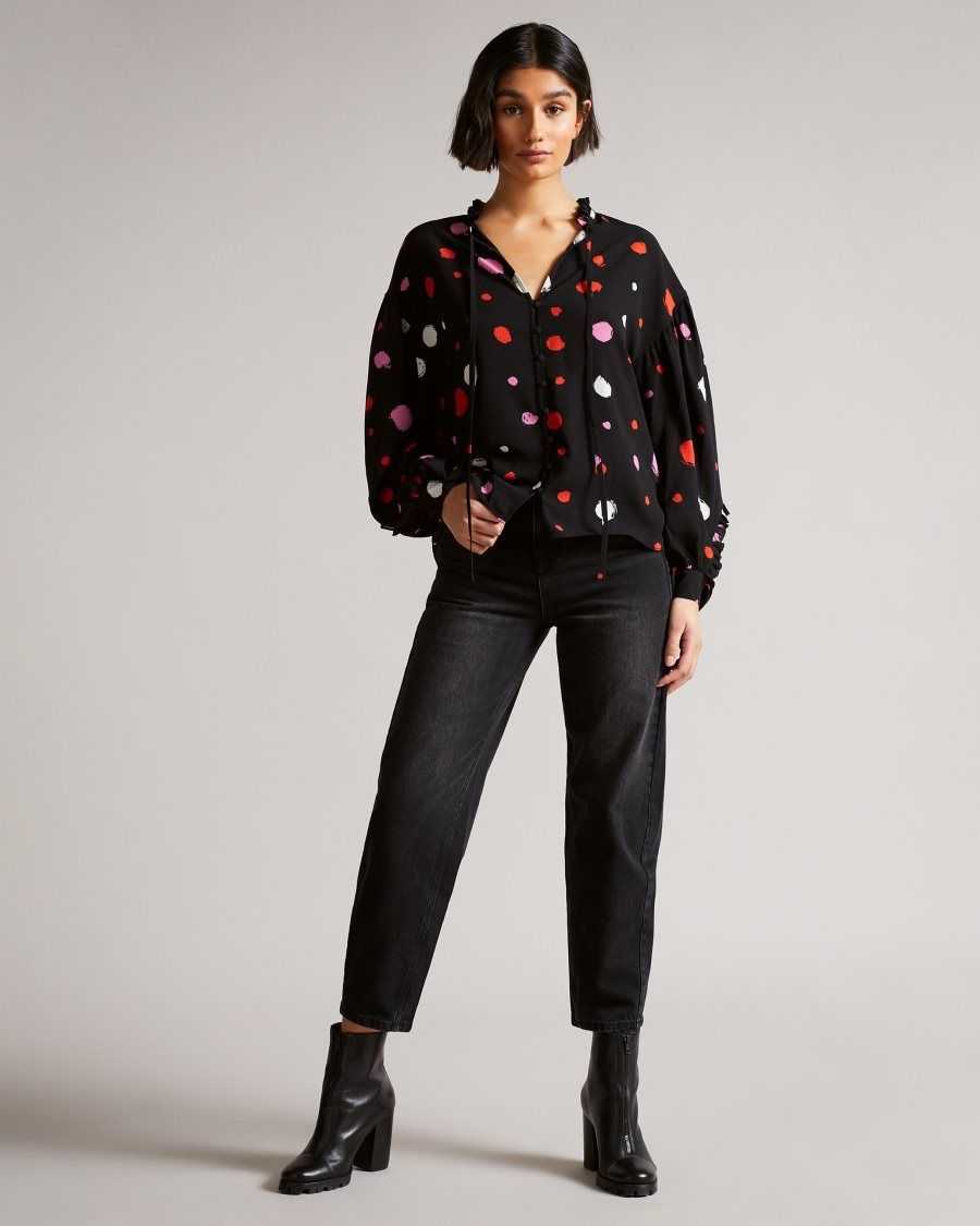 Ted Baker Sunrai Spot Print Frilled Blouse Black | 62039-KXOD