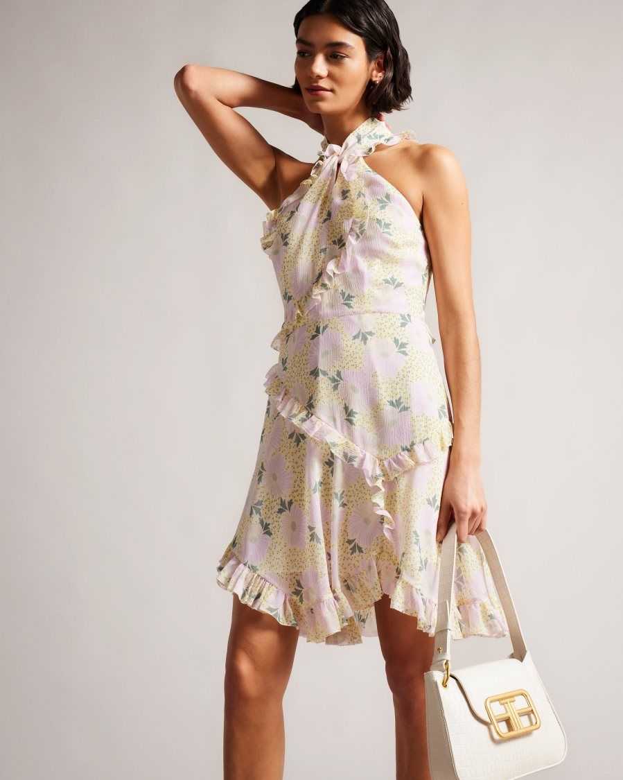 Ted Baker Suttonn Twist Neck Frill Detail Mini Dress Light Yellow | 35278-SKON