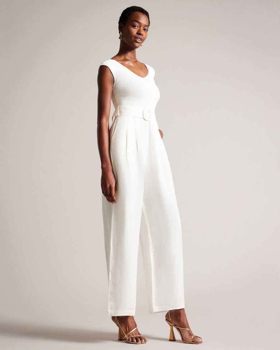 Ted Baker Tabbiaa Knitted Bodice Wide Leg Jumpsuit White | 10736-DLGP