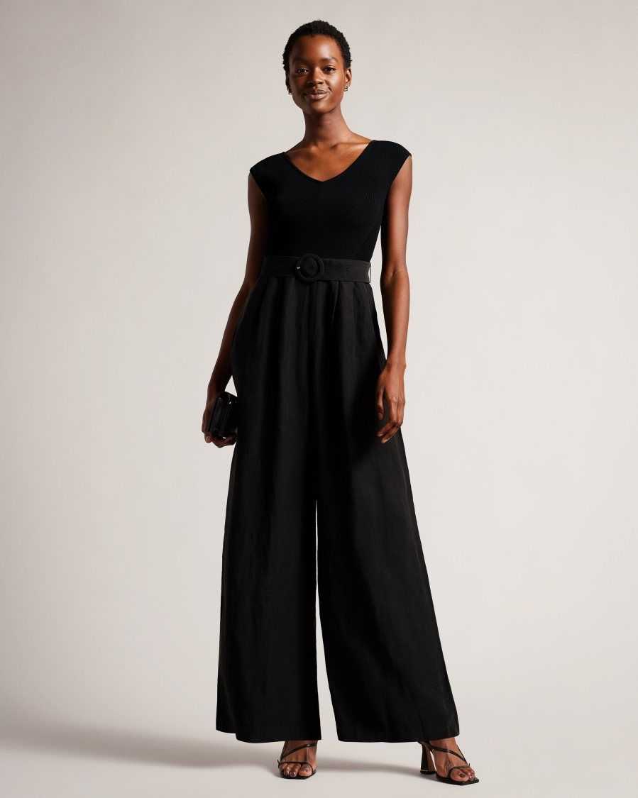 Ted Baker Tabbiaa Knitted Bodice Wide Leg Jumpsuit Black | 18963-SBEX