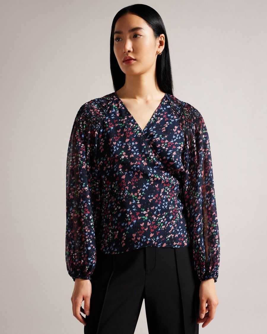 Ted Baker Tariaa Smocked Wrap Top With Blouson Sleeve Dark Navy | 89062-GHPV