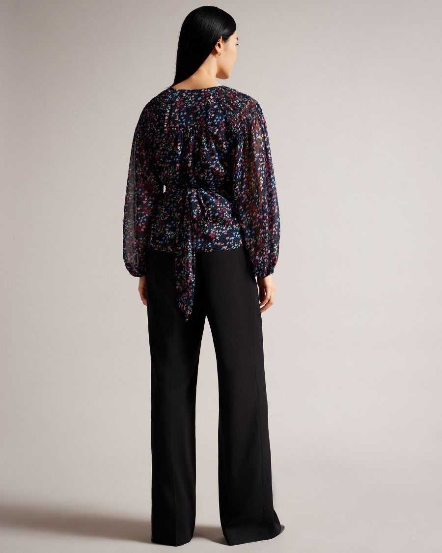 Ted Baker Tariaa Smocked Wrap Top With Blouson Sleeve Dark Navy | 89062-GHPV