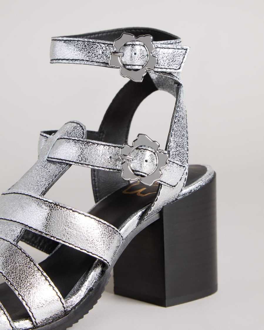 Ted Baker Taylay Strappy Block Heeled Crinkled Leather Sandals Silver | 74095-GATI