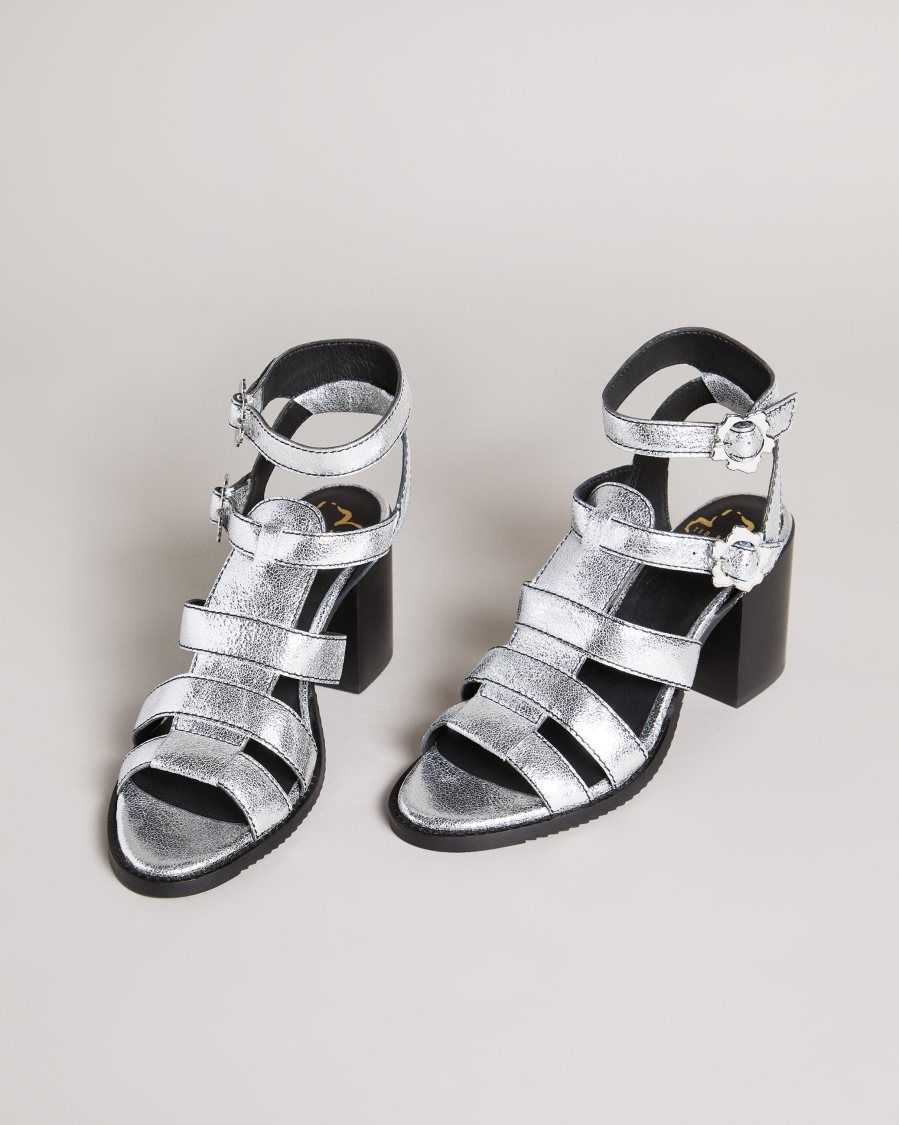 Ted Baker Taylay Strappy Block Heeled Crinkled Leather Sandals Silver | 74095-GATI