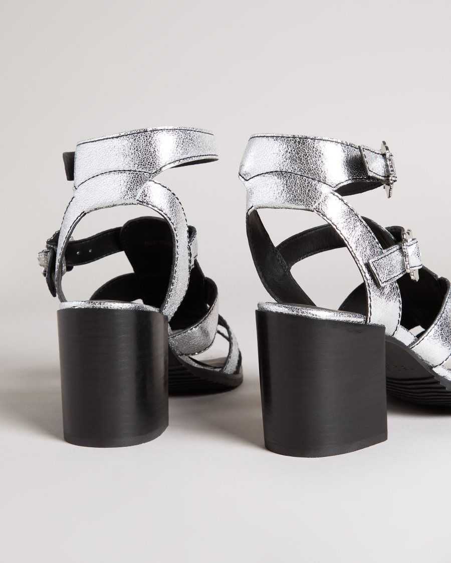 Ted Baker Taylay Strappy Block Heeled Crinkled Leather Sandals Silver | 74095-GATI