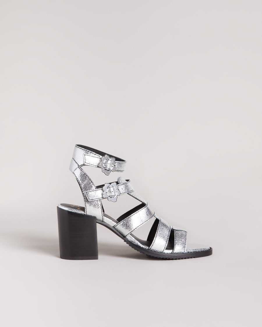 Ted Baker Taylay Strappy Block Heeled Crinkled Leather Sandals Silver | 71206-URXF