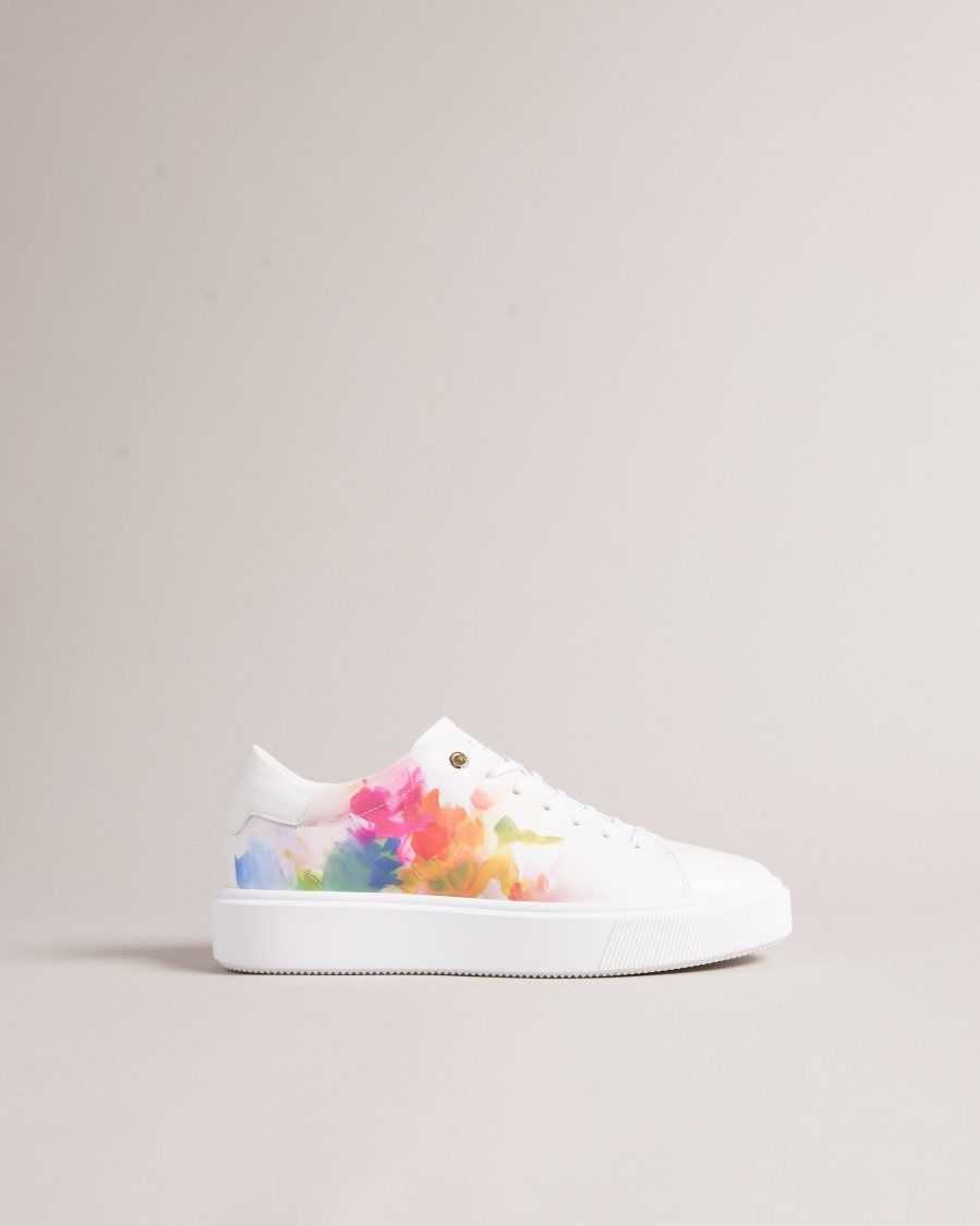 Ted Baker Tennia Art Print Platform Trainers White-Orange | 54168-CNHO