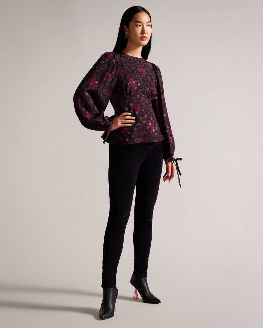 Ted Baker Terre Printed Peplum Top With Cuffed Sleeves Black | 15249-VPNY