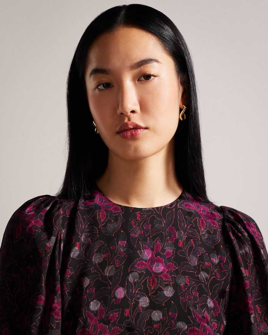 Ted Baker Terre Printed Peplum Top With Cuffed Sleeves Black | 15249-VPNY