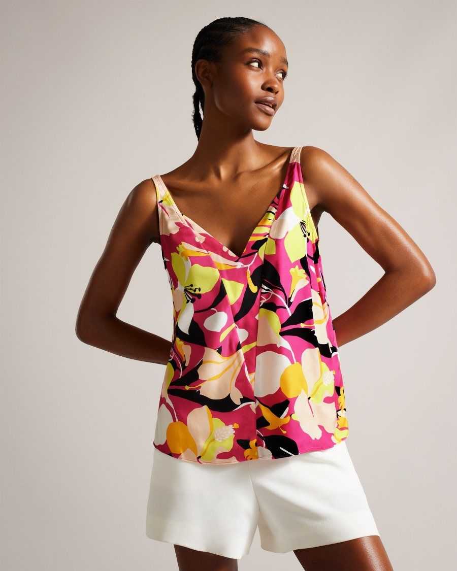 Ted Baker Thaliah Abstract Print Double Layer Effect Cami Bright Pink | 91238-FNLQ