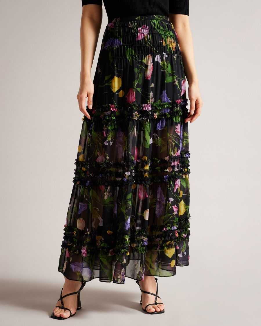 Ted Baker Thieaa Micro Ruffle Tiered Midaxi Skirt Black | 41985-XPFK