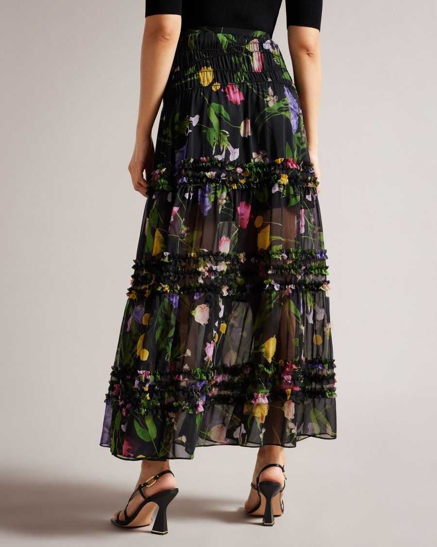 Ted Baker Thieaa Micro Ruffle Tiered Midaxi Skirt Black | 41985-XPFK