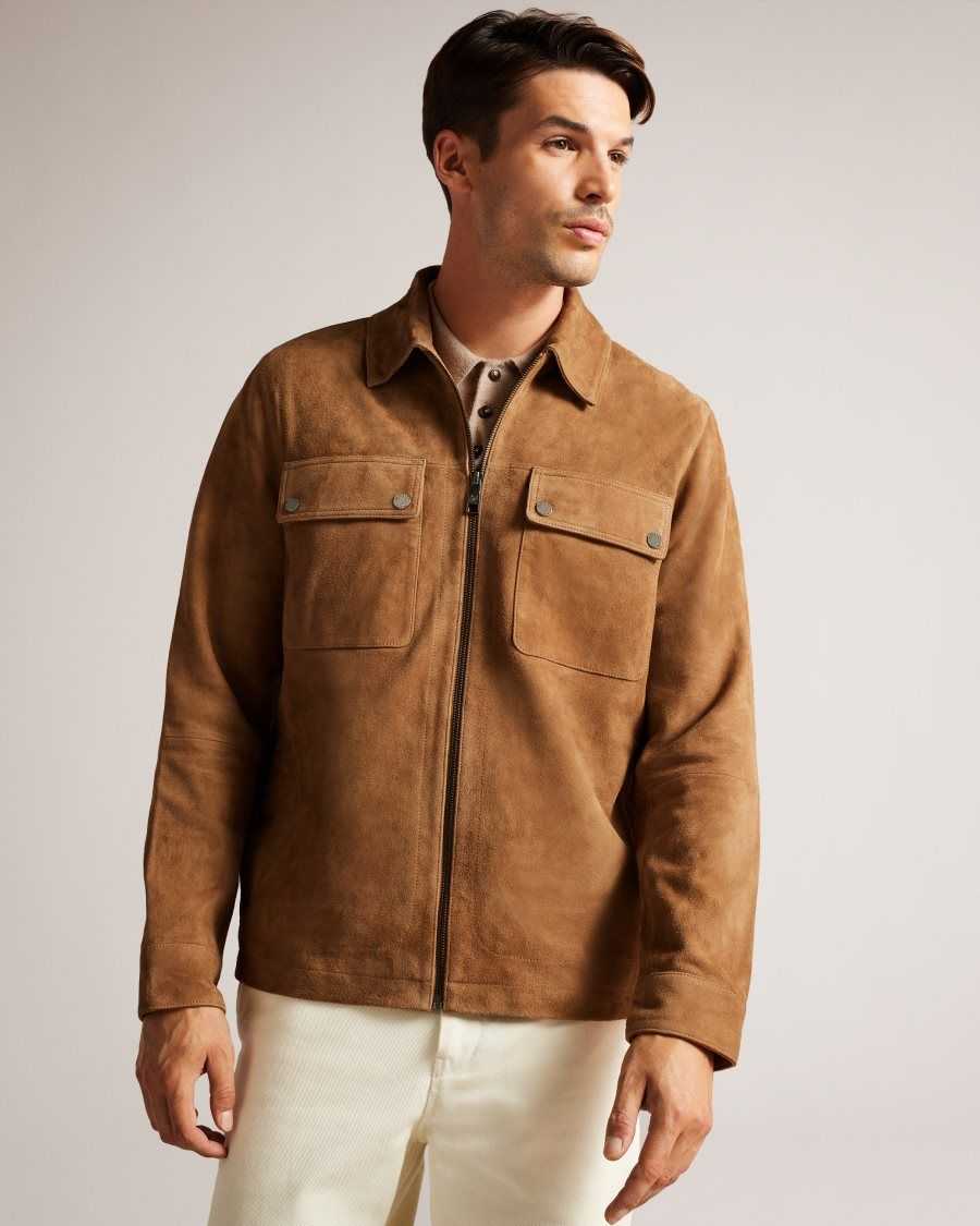 Ted Baker Thierry Suede Zip Through Shacket Camel | 57198-JMQC