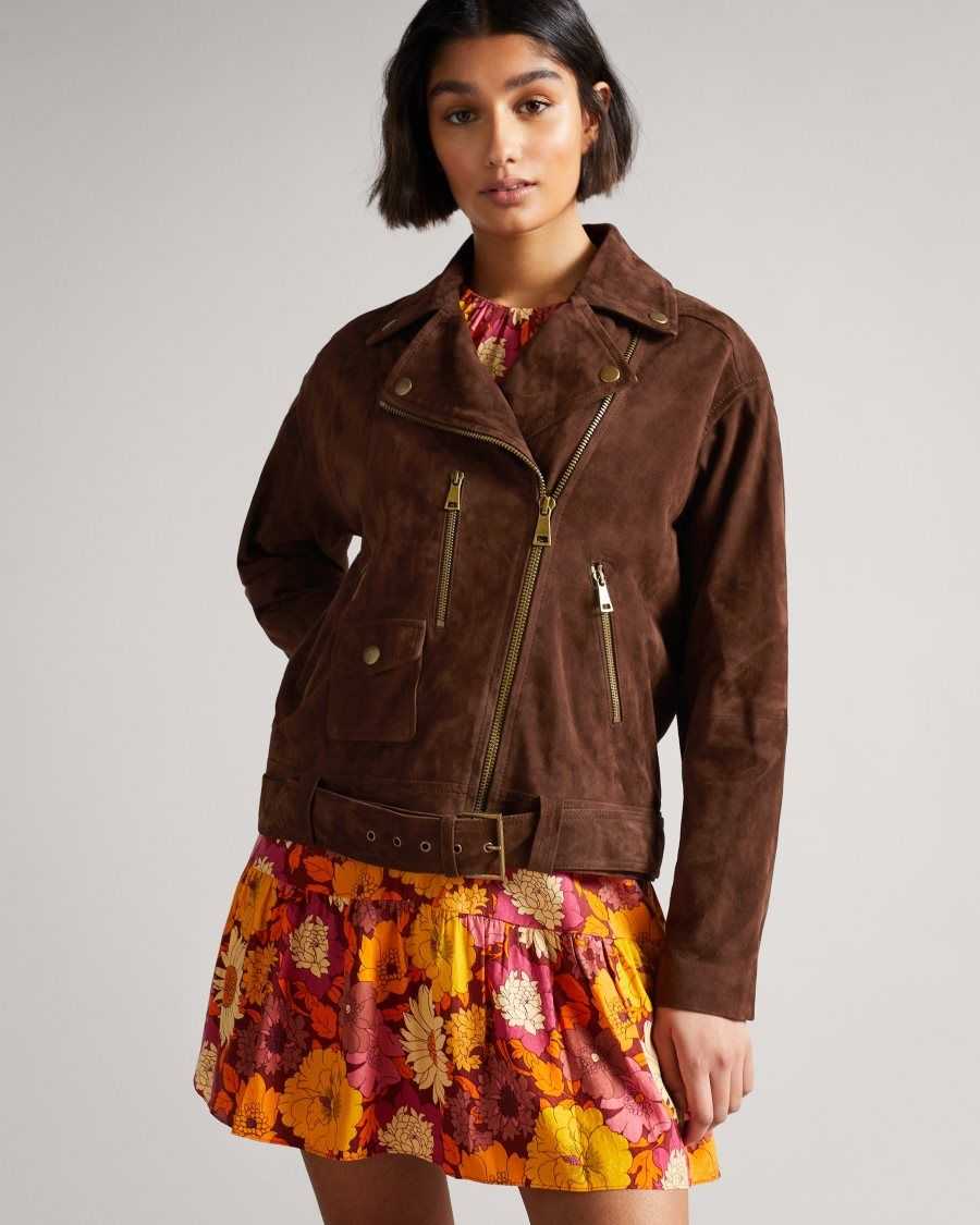 Ted Baker Tiffniy Suede Oversized Biker Jacket Dark Brown | 31547-ZAKP