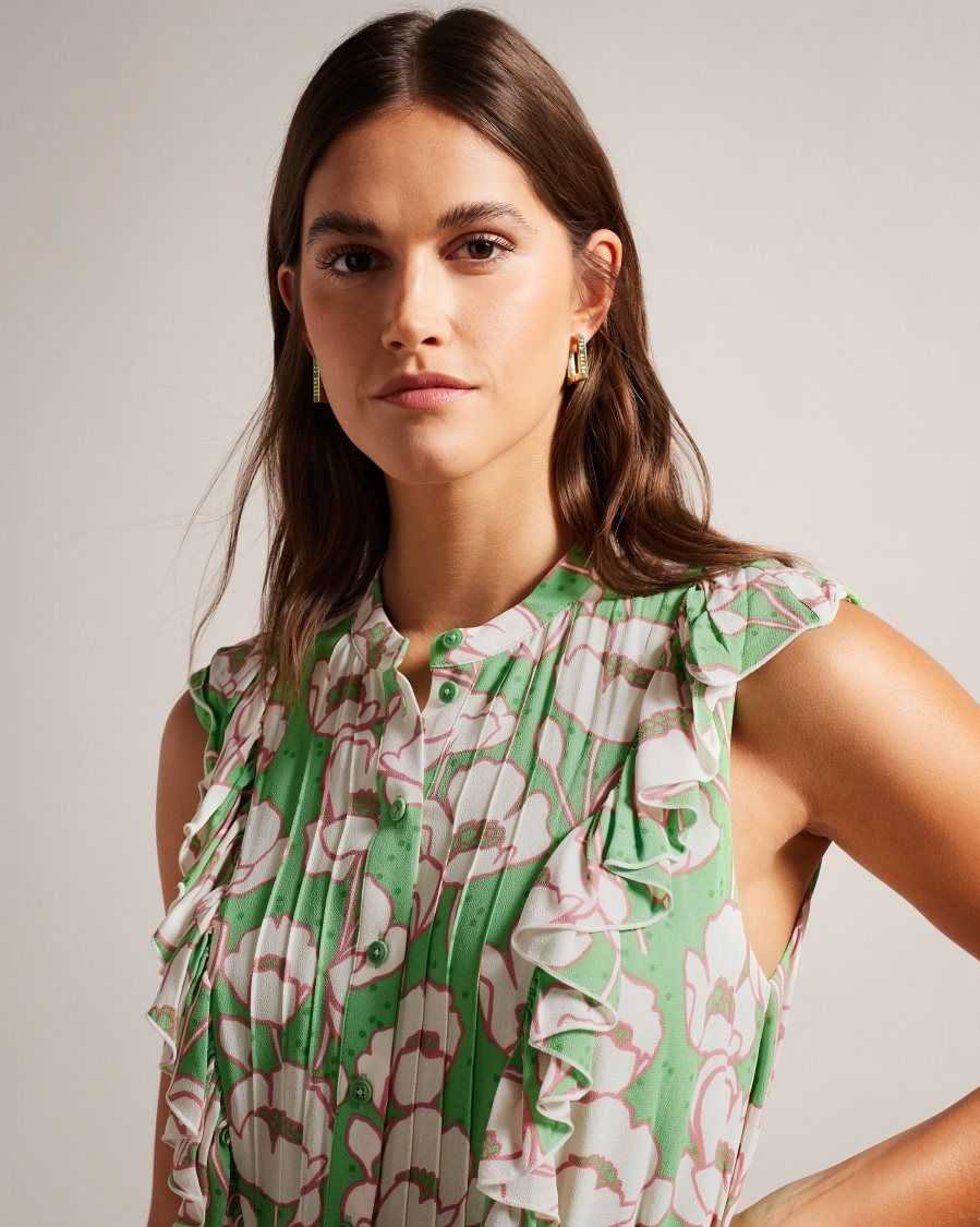 Ted Baker Tindraa Sleeveless Frilled Midi Dress Green | 67203-KEOC