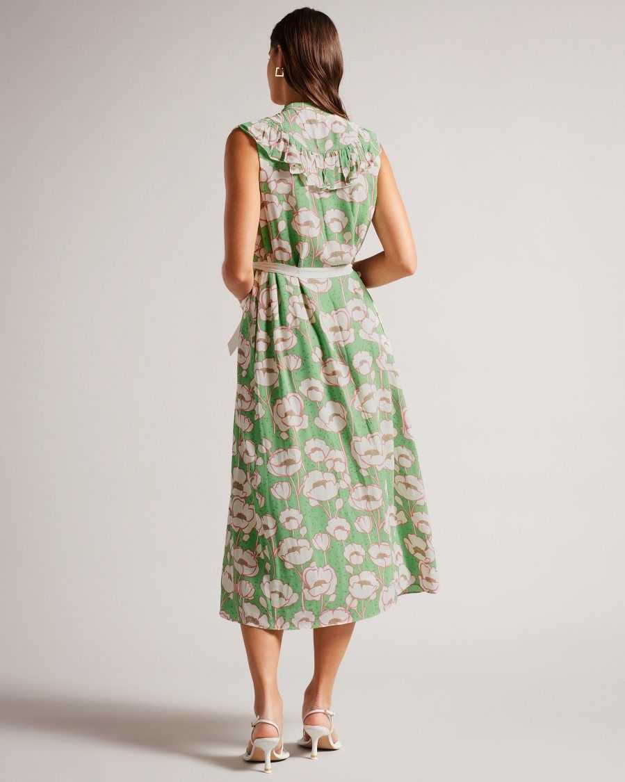 Ted Baker Tindraa Sleeveless Frilled Midi Dress Green | 67203-KEOC