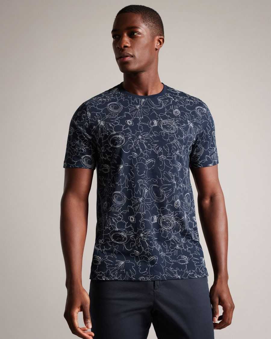 Ted Baker Tospin Short Sleeve Sketchy Floral Print T-Shirt Navy | 57839-SVUQ