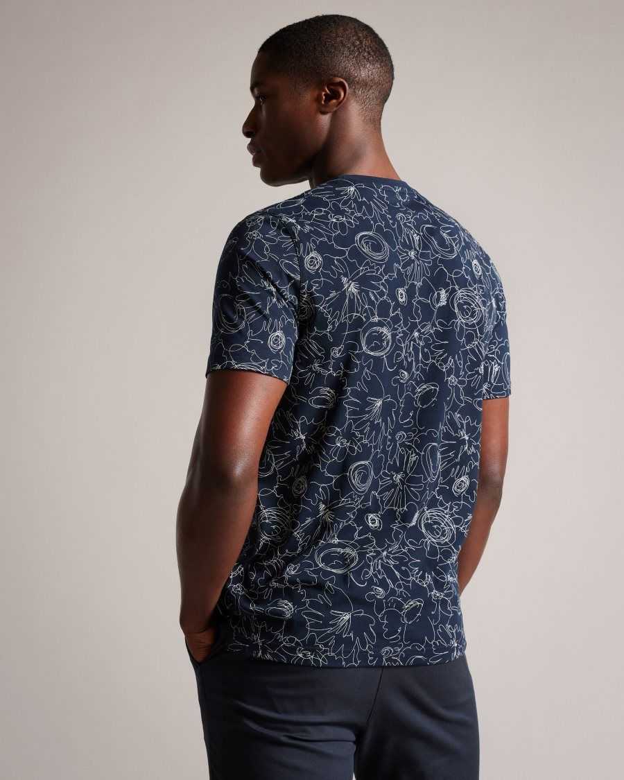 Ted Baker Tospin Short Sleeve Sketchy Floral Print T-Shirt Navy | 57839-SVUQ