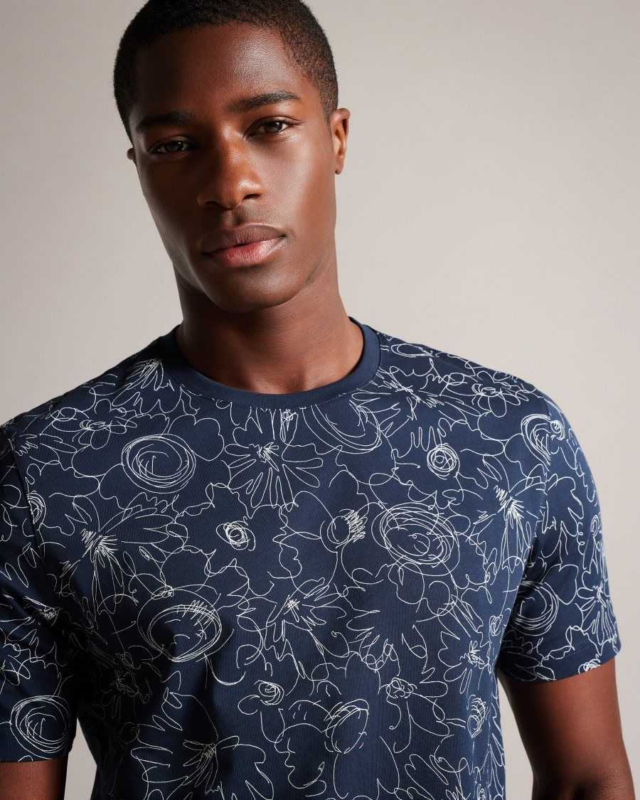 Ted Baker Tospin Short Sleeve Sketchy Floral Print T-Shirt Navy | 57839-SVUQ