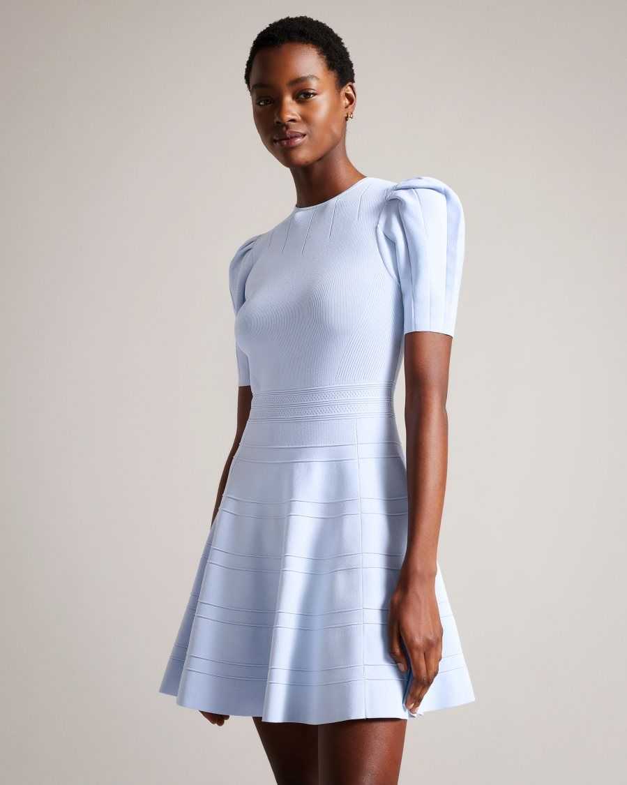 Ted Baker Velvey Puff Sleeve Dress With Engineered Skirt Baby Blue | 50279-VRFE