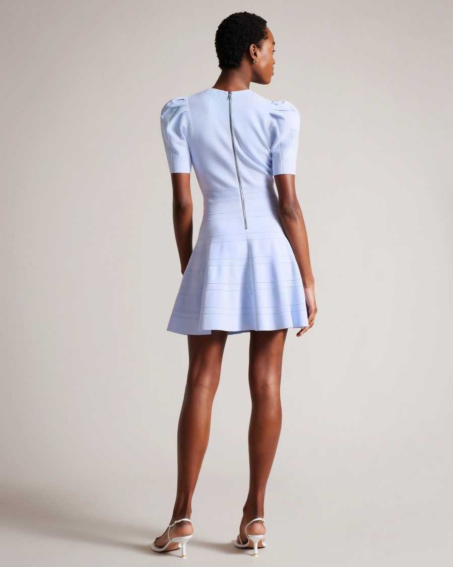 Ted Baker Velvey Puff Sleeve Dress With Engineered Skirt Baby Blue | 50279-VRFE