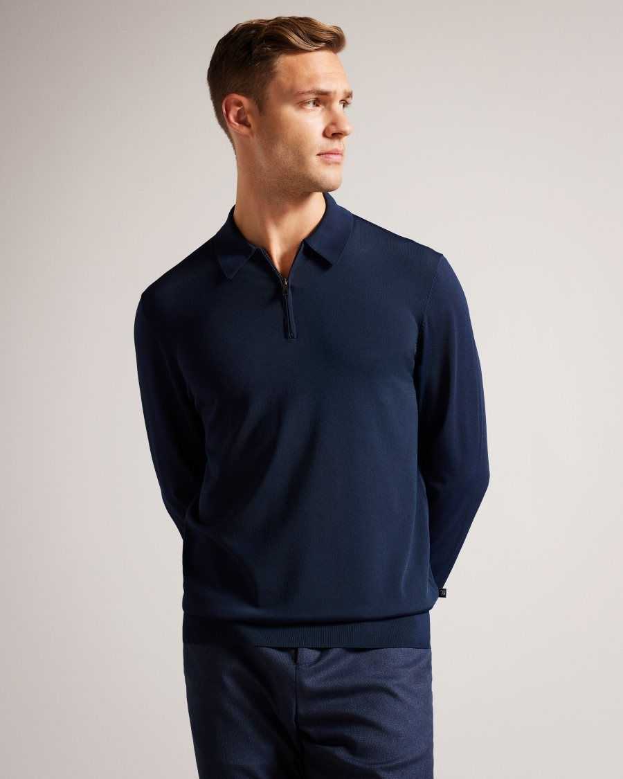 Ted Baker Viba Long Sleeve Regular Half Zip Rayon Polo Navy | 70658-GUPI