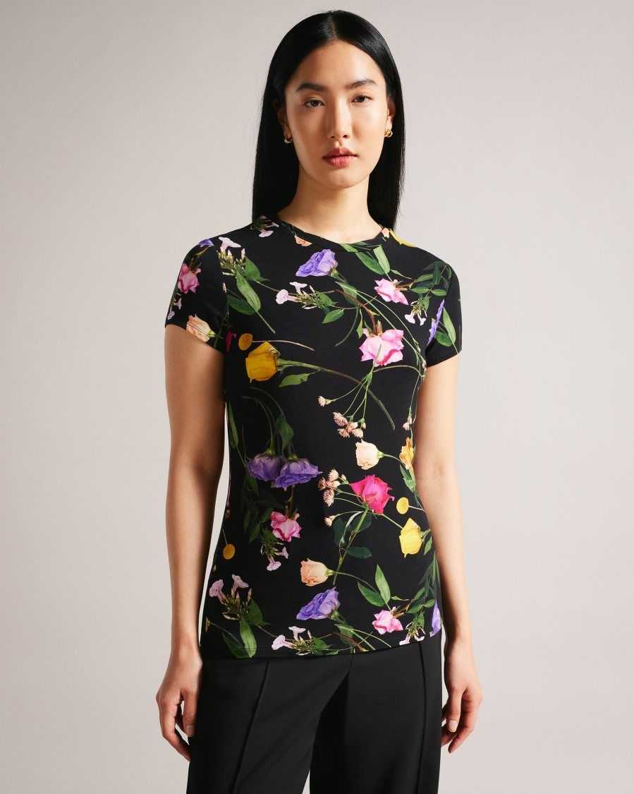 Ted Baker Vikina Fitted T-Shirt with Twist Neck Black | 90634-BEUH