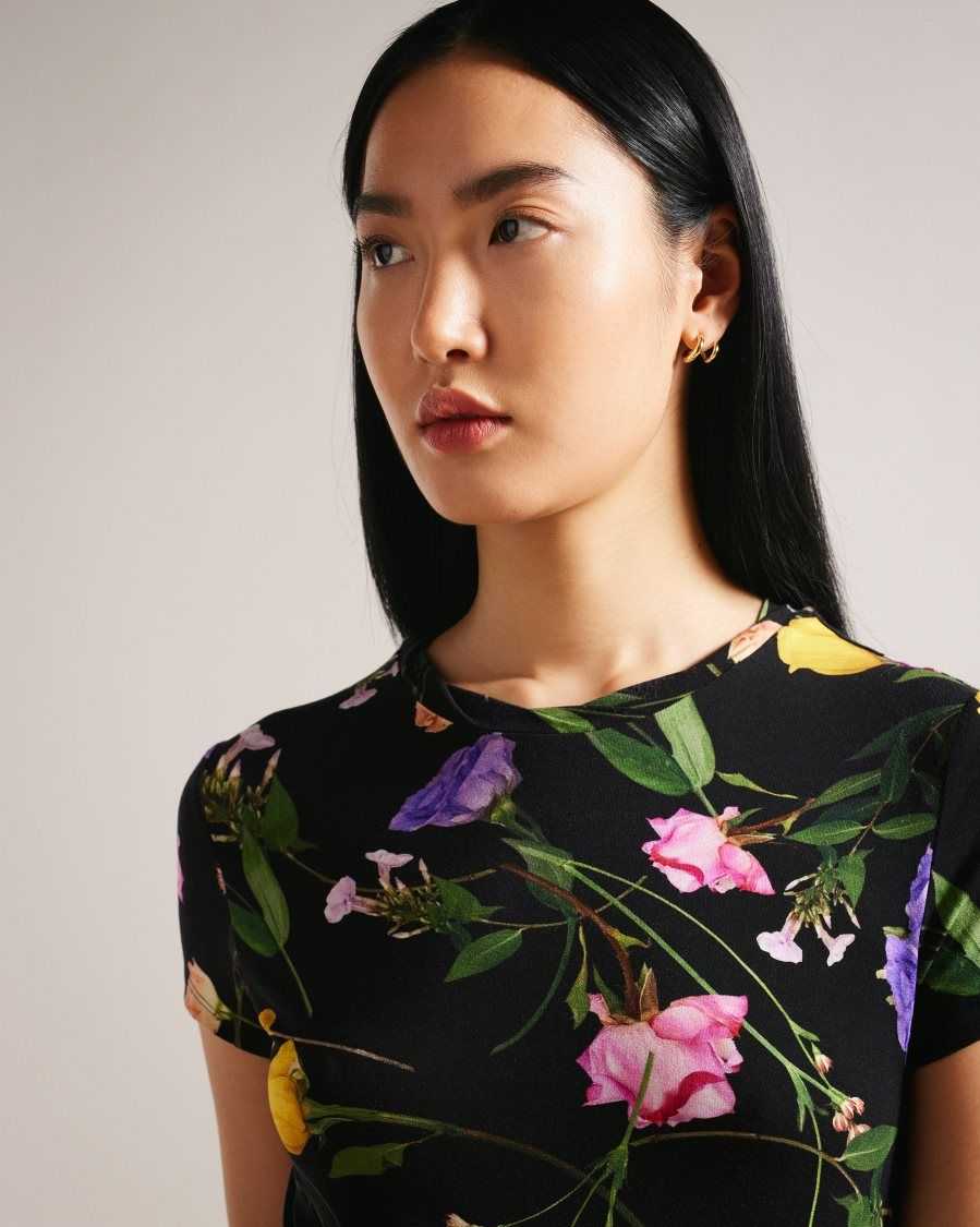 Ted Baker Vikina Fitted T-Shirt with Twist Neck Black | 90634-BEUH