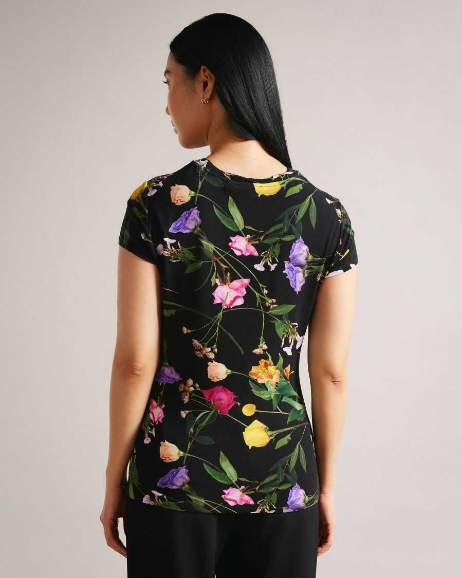 Ted Baker Vikina Fitted T-Shirt with Twist Neck Black | 90634-BEUH