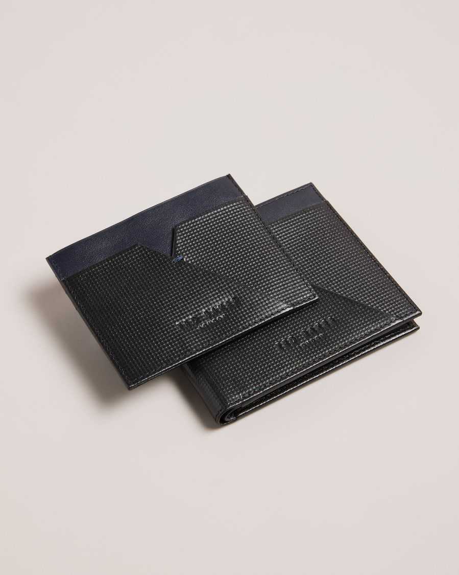 Ted Baker Viktree Textured Leather Wallet And Cardholder Set Black | 03872-CJIS