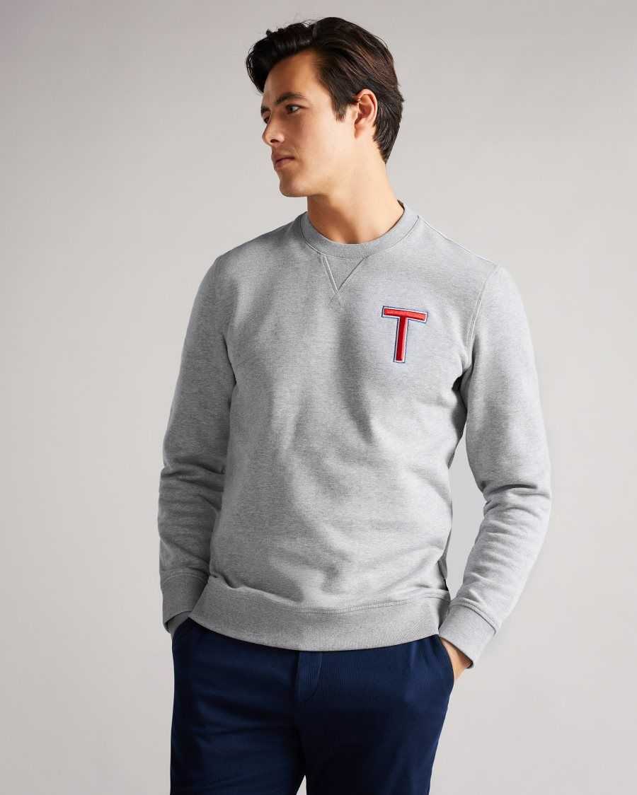 Ted Baker Welloe LS Varsity 'T' Sweatshirt Grey-Marl | 24173-KFVP